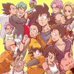  4girls 6+boys android_18 annoyed back_turned bald black_eyes black_hair blonde_hair blue_eyes blue_hair blush bulma cape chi-chi_(dragon_ball) chinese_clothes closed_eyes dougi dragon_ball dragonball_z dress earrings eating expressionless eyebrows_visible_through_hair happy highres jacket jewelry kuririn looking_at_another looking_away majin_buu miiko_(drops7) multiple_boys multiple_girls muten_roushi nervous oolong open_mouth piccolo puar purple_hair shirt short_hair simple_background smile son_gohan son_gokuu son_goten sunglasses sweatdrop trunks_(dragon_ball) turban vegeta videl yellow_background 