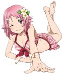  1girl barefoot bikini bikini_skirt bracelet feet flower freckles full_body hair_flower hair_ornament hairclip halter_top halterneck jewelry legs_crossed lisbeth looking_at_viewer official_art one_eye_closed outstretched_arm pink_eyes pink_hair pointy_ears short_hair smile soles solo striped striped_bikini swimsuit sword_art_online toes 