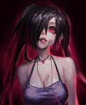  1girl bare_shoulders black_hair blood blood_on_face breasts cleavage collarbone cross cross_necklace earrings hair_over_one_eye highres jewelry large_breasts long_hair looking_at_viewer luen_kulo necklace original pink_eyes sleeveless solo teeth tongue tongue_out 