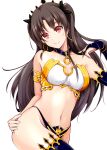  1girl armlet bare_shoulders black_hair black_legwear blush breasts closed_mouth cowboy_shot crown earrings fate/grand_order fate_(series) hair_ribbon hoop_earrings ishtar_(fate/grand_order) jajao jewelry long_hair looking_at_viewer medium_breasts navel red_eyes ribbon single_bridal_gauntlet single_thighhigh smile solo stomach thigh-highs tohsaka_rin two_side_up 