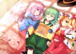  3girls ;( ascot blonde_hair blouse blush bubble_skirt crystal eyeball flandre_scarlet frilled_skirt frills green_hair green_skirt hat hat_removed hata_no_kokoro headwear_removed heart heart_of_string komeiji_koishi long_hair long_sleeves looking_at_another lying mob_cap multiple_girls on_back on_bed parted_lips pink_eyes pink_hair pink_shirt plaid plaid_shirt puffy_short_sleeves puffy_sleeves red_eyes red_skirt red_vest shikitani_asuka shirt short_hair short_sleeves side_ponytail skirt skirt_set sleeping sunlight third_eye touhou vest waking_up wide_sleeves wings wrist_cuffs yellow_blouse 