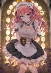  10s 1girl animal_ears black_dress blush breasts cleavage closed_mouth dress fate/extra fate_(series) fox_ears fox_shadow_puppet hands_up highres kawai large_breasts long_hair looking_at_viewer maid maid_headdress pink_hair smile solo tamamo_(fate)_(all) tamamo_no_mae_(fate) tsurime yellow_eyes 