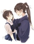  10s 2girls ^_^ alternate_costume brown_eyes brown_hair closed_eyes commentary_request from_side hakama hand_on_another&#039;s_head houshou_(kantai_collection) japanese_clothes kaga_(kantai_collection) kantai_collection long_hair multiple_girls muneate petting ponytail side_ponytail smile takamachiya tasuki 