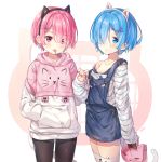  2girls :3 animal_ears arm_at_side artist_name black_legwear blue_eyes blue_hair blush breasts candy casual cat_ears cleavage contemporary cowboy_shot eyebrows_visible_through_hair fake_animal_ears food hair_ornament hair_over_one_eye hairband hand_holding hand_in_pocket hitsukuya hood hooded_sweater hoodie lollipop looking_at_viewer mouth_hold multiple_girls nail_polish off-shoulder_shirt overalls pantyhose pink_eyes pink_hair ram_(re:zero) re:zero_kara_hajimeru_isekai_seikatsu rem_(re:zero) shirt short_hair siblings simple_background sisters small_breasts smile strap_slip striped striped_shirt sweater thigh-highs white_legwear x_hair_ornament 