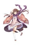  1girl :d brown_eyes brown_hair floral_print frilled_skirt frills full_body hand_up highres kisaragi_(princess_principal) kneehighs long_hair looking_at_viewer official_art open_mouth pink_skirt princess_principal princess_principal_game_of_mission purple_scarf sandals scarf skirt smile standing standing_on_one_leg white_legwear wide_sleeves 