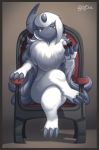  1girl 2017 :3 absol absurdres alcohol artist_name border brown_background brown_eyes chair claws closed_mouth cup dated drinking_glass eyebrows_visible_through_hair full_body furry grey_hair grey_skin head_tilt highres holding_glass horn legs_crossed long_hair looking_at_viewer number pokemon silhouette sitting very_long_hair white_hair wine wine_glass zinfyu 