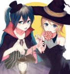  2girls black_dress black_hat blonde_hair blue_eyes blue_hair blue_nails collarbone detached_sleeves dress fang hair_between_eyes hair_ornament halloween_costume hat hatsune_miku highres holding_lantern kagamine_rin long_hair multiple_girls nail_polish open_mouth p2_(uxjzz) short_hair sleeveless sleeveless_dress twintails very_long_hair vocaloid white_background witch_hat yellow_nails 