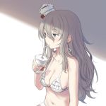  10s 1girl bikini breasts cleavage cnm collarbone colored_eyelashes drinking facing_away fingernails grey_eyes grey_hair hair_between_eyes halterneck hat kantai_collection long_hair looking_away medium_breasts mini_hat navel pola_(kantai_collection) simple_background solo swimsuit white_bikini 