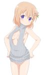  1girl :o backless_outfit bangs bare_arms bare_shoulders breasts cleavage_cutout commentary_request cowboy_shot dress eyebrows_visible_through_hair gochuumon_wa_usagi_desu_ka? grey_sweater hair_between_eyes hair_ornament hairclip hands_on_hips highres hoto_cocoa meme_attire naked_sweater orange_hair parted_lips ribbed_sweater short_hair simple_background sleeveless sleeveless_turtleneck small_breasts solo standing sweater sweater_dress trg-_(sain) turtleneck turtleneck_sweater violet_eyes virgin_killer_sweater white_background 