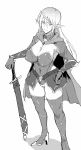  1girl ahoge bangs belt breasts cape cleavage covered_navel elf eyebrows_visible_through_hair fan_no_hitori gloves greyscale high_heels highres large_breasts long_hair looking_at_viewer monochrome original pointy_ears sword thigh-highs weapon 