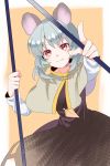  1girl akidzuki_haruhi animal_ears black_dress blush capelet cowboy_shot dowsing_rod dress grey_hair jewelry long_sleeves looking_at_viewer mouse_ears mouse_tail nazrin pendant red_eyes smile solo tail touhou 