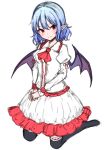  1girl ascot bat_wings black_legwear blue_hair blush closed_mouth frilled_shirt_collar frills full_body highres juliet_sleeves junior27016 kneehighs kneeling long_sleeves looking_at_viewer pointy_ears puffy_sleeves red_eyes remilia_scarlet shirt short_hair skirt smile solo touhou unfinished v_arms white_shirt white_skirt wings 