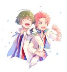  2boys akizuki_ryou antenna_hair bandanna blue_eyes clenched_hand f-lags_(idolmaster) green_hair idol idolmaster idolmaster_side-m jacket kabuto_daigo locked_arms male_focus multiple_boys nishi_swtr open_clothes open_jacket pink_hair smile striped vertical_stripes 