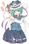  &gt;:o 1girl :o akidzuki_haruhi asymmetrical_hair black_skirt blue_shirt blush cowboy_shot green_eyes green_hair hat hat_ribbon long_sleeves looking_at_viewer open_mouth ribbon rod_of_remorse shiki_eiki shirt skirt solo touhou 