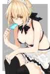  apron artoria_pendragon_(all) artoria_pendragon_(swimsuit_rider_alter)_(fate) blonde_hair braid breasts cleavage dated fate/grand_order fate_(series) food french_braid garter_straps grey_background hair_between_eyes lace_choker looking_at_viewer maid_bikini maid_headdress medium_breasts moonlaw outside_border popsicle saber_alter sketch thigh-highs wet white_border yellow_eyes 