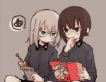  2girls bangs bespectacled blue_eyes boko_(girls_und_panzer) book brown_eyes brown_hair dress_shirt fud girls_und_panzer glasses grey_background grey_shirt holding itsumi_erika kuromorimine_school_uniform long_hair long_sleeves looking_at_another multiple_girls nishizumi_maho open_mouth parted_lips pencil round_eyewear school_uniform shirt short_hair silver_hair simple_background sitting spoken_squiggle squiggle sweatdrop wing_collar 