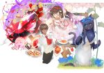  1boy 3girls :3 :d :p absurdres animal_ears arms_up ascot bat_wings blonde_hair blood blue_eyes blue_fur brown_hair car car_crash cat_ears cat_tail closed_eyes crash dark_skin dark_skinned_male double_v dress flower food frilled_skirt frills furry grey_eyes ground_vehicle hair_flower hair_ornament hairband heart heterochromia highres holding holding_branch holding_plate kneeling leaf long_sleeves looking_at_viewer meat motor_vehicle multiple_girls one_eye_closed one_side_up open_mouth original pasta paws pizza plate pom_pom_(clothes) red_ascot shirt skirt smile table tail tongue tongue_out v white_dress white_shirt wings wntame yellow_eyes 