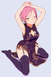  1girl 3; ;) armpits arms_up bangs black_dress black_legwear blue_eyes breasts china_dress chinese_clothes cleavage cleavage_cutout dress earrings from_above full_body garter_straps hi_iro jewelry medium_breasts one_eye_closed original parted_bangs pelvic_curtain pink_hair short_hair side_slit simple_background sitting smile solo thigh-highs yokozuwari 