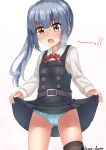  10s 1girl :o blue_hair blue_panties blush grey_skirt highres kantai_collection kasumi_(kantai_collection) lifted_by_self long_hair looking_at_viewer panties remodel_(kantai_collection) rokosu_(isibasi403) side_ponytail skirt skirt_lift standing tears twitter_username underwear 