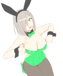  10s 1girl adjusting_clothes adjusting_leotard animal_ears bare_shoulders black_collar black_hairband blue_eyes bow bowtie breasts bunnysuit detached_collar fake_animal_ears green_bow green_bowtie green_leotard green_shoes grey_hair grey_legwear hair_ornament hair_over_one_eye hairband hairclip hamakaze_(kantai_collection) high_heels highres kantai_collection kneeling large_breasts leotard looking_at_viewer medium_hair motion_lines one_eye_covered parted_lips rabbit_ears shoes simple_background solo white_background wrist_cuffs yuuji_(and) 