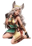  1girl :d animal_ears barbariank bare_shoulders barefoot between_breasts black_gloves breasts claw_pose commentary dark_skin erun_(granblue_fantasy) eyebrows_visible_through_hair fang feathers flower full_body gloves granblue_fantasy green_eyes grey_hair hair_feathers hair_flower hair_ornament long_hair looking_at_viewer medium_breasts nemone open_mouth pouch sideboob sitting smile solo strap_cleavage teeth transparent_background wavy_hair 