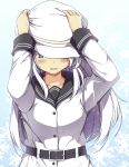  10s 1girl belt belt_buckle black_sailor_collar blue_eyes blush buckle buttons collarbone commentary eyebrows_visible_through_hair hair_between_eyes hat hat_holding hibiki_(kantai_collection) highres kantai_collection long_hair long_sleeves looking_at_viewer neckerchief one_eye_covered open_mouth remodel_(kantai_collection) sailor_collar school_uniform serafuku sheita shiny shiny_hair silver_hair solo verniy_(kantai_collection) white_hat 