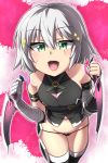  1girl absurdres assassin_of_black bandage bandaged_arm bare_shoulders black_legwear black_panties blush close-up dual_wielding fate/apocrypha fate/grand_order fate_(series) gloves green_eyes highres kirisame_mia knife looking_at_viewer navel open_mouth panties scar short_hair silver_hair smile solo sparkle sparkling_eyes thigh-highs underwear 