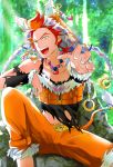  1boy akai_suzaku animal blue_eyes cat collarbone idolmaster idolmaster_side-m jewelry male_focus multicolored_hair necklace nyako_(idolmaster) open_mouth outdoors outstretched_hand redhead sitting torn_clothes two-tone_hair yellow_eyes 