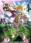  1girl bangs blonde_hair braid cape company_connection copyright_name crown_braid daigoman day eyebrows_visible_through_hair fire_emblem fire_emblem_cipher fire_emblem_heroes gloves green_eyes holding holding_weapon long_hair looking_at_viewer multicolored_hair one_leg_raised open_mouth outdoors pink_hair polearm puffy_sleeves sharena shield shorts skirt smile solo spear thigh-highs weapon 