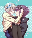  1boy 1girl blue_eyes carrying hair_ornament highres looking_at_another meteora_osterreich mirokuji_yuuya popped_collar princess_carry purple_hair re:creators short_hair silver_hair sunglasses sunglasses_removed white_hair 