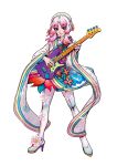  1girl boots electric_guitar flower full_body guitar high_heels highres instrument japanese_clothes looking_at_viewer music nail_polish petals pink_hair playing_instrument short_hair simple_background smile solo thigh-highs thigh_boots udon_(1udonoodle) vocaloid vy1 white_background white_boots wide_sleeves 
