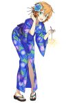  1girl aqua_eyes fireworks flower full_body hair_flower hair_ornament holding japanese_clothes kimono leaning_forward long_sleeves looking_at_viewer official_art open_mouth orange_hair philia_(sao) sandals short_hair solo sword_art_online transparent_background 
