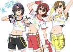  3girls amami_haruka antenna_hair black_hair bow brown_hair fingerless_gloves futami_mami gloves hair_bow hair_ribbon heart-shaped_sunglasses idolmaster kikuchi_makoto light_brown_hair long_hair looking_at_viewer matching_outfit midriff multiple_girls navel open_mouth pose ribbon short_hair shorts side_ponytail signature smile sunglasses taku1122 