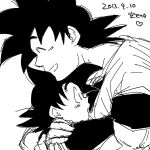  2boys black_eyes black_hair closed_eyes dated dougi dragon_ball dragonball_z father_and_son happy heart hug male_focus miiko_(drops7) monochrome multiple_boys short_hair simple_background smile son_gokuu son_goten spiky_hair translation_request white_background 