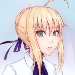  1girl ahoge artoria_pendragon_(all) bangs blue_background blue_ribbon blush braid face fate/stay_night fate_(series) green_eyes hair_between_eyes hair_bun highres looking_at_viewer neck_ribbon parted_lips portrait ribbon saber shirt short_hair_with_long_locks simple_background solo unsomnus white_shirt 
