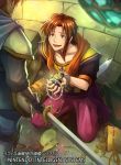  1boy brown_eyes brown_hair coin company_name earrings faceless faceless_male fingerless_gloves fire_emblem fire_emblem:_thracia_776 fire_emblem_cipher gem gloves jewelry lifis male_focus money necklace nekobayashi official_art open_mouth redhead seiza sitting solo sparkle sword teeth weapon 
