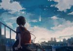  1girl backpack bag black_hair black_skirt blue_shirt blue_sky braid city cityscape clouds cloudy_sky day facing_away from_behind highres holding holding_paper long_hair meteorite_(object) original outdoors paper railing shirt short_sleeves skirt sky solo stairs standing sunlight tatsumi3 twin_braids 