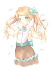  1girl :d alternate_costume blue_bow blue_eyes blush bow breasts brown_hair brown_skirt gloves hair_bow heart heart_hands konmi open_mouth pokemon pokemon_(anime) pokemon_(game) pokemon_xy serena_(pokemon) skirt small_breasts smile standing twintails white_gloves 
