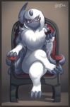  1girl 2017 :3 absol absurdres alcohol artist_name border brown_background brown_eyes chair claws closed_mouth cup dated drinking_glass eyebrows_visible_through_hair full_body furry glasses grey_hair grey_skin head_tilt highres holding_glass horn legs_crossed long_hair looking_at_viewer number pokemon red-framed_eyewear semi-rimless_glasses silhouette sitting under-rim_glasses very_long_hair white_hair wine wine_glass zinfyu 