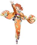  1girl arm_up floral_print full_body furisode japanese_clothes kimono long_hair long_sleeves looking_at_viewer obi official_art open_mouth orange_hair sandals sash simple_background solo sword_art_online tabi waving white_background wide_sleeves yellow_eyes 