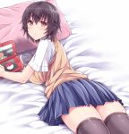  1girl :o bangs black_hair black_legwear blue_skirt blush breasts brown_eyes gamers! handheld_game_console hasu_(hk_works) hoshinomori_chiaki large_breasts looking_at_viewer lying nintendo_3ds on_bed on_stomach original parted_lips pillow school_uniform short_hair short_sleeves skirt solo sweater_vest thigh-highs 