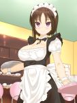  1girl apron bangs black_dress black_ribbon blurry blurry_background breasts cleavage cleavage_cutout closed_mouth cup depth_of_field dress foreshortening hagino_chiaki highres hinako_note holding indoors kakari large_breasts looking_at_viewer maid maid_apron maid_headdress medium_dress neck_ribbon puffy_short_sleeves puffy_sleeves ribbon saucer short_hair short_sleeves smile solo standing teacup tray violet_eyes waitress wrist_cuffs 