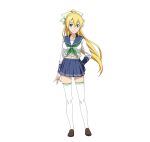  1girl blonde_hair full_body green_eyes hand_on_hip high_ponytail leafa loafers long_hair long_sleeves looking_at_viewer midriff neckerchief official_art pleated_skirt pointy_ears school_uniform serafuku shoes skirt smile solo sword_art_online sword_art_online:_code_register thigh-highs transparent_background white_legwear 
