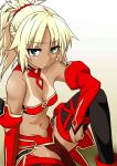  1girl bandeau blonde_hair braid fate/apocrypha fate/grand_order fate_(series) french_braid green_eyes hair_ornament hair_scrunchie looking_at_viewer midriff mordred_(swimsuit_rider)_(fate) ponytail robisonjr saber_of_red scrunchie solo tan tanline 