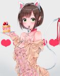  1girl :3 animal_ears arched_back bare_shoulders bent_elbow blush bob_cut breasts brown_hair cake cat_tail cleavage collarbone earrings eyebrows_visible_through_hair fingernails food fork green_eyes grey_background hair_ornament hairband hairclip highres holding idolmaster idolmaster_cinderella_girls jewelry looking_at_viewer maekawa_miku medium_breasts najuco_(naju0517) neck_ribbon off_shoulder plate red_ribbon ribbon shiny shiny_skin short_hair solo spaghetti_strap standing strawberry_shortcake tail tail_ribbon upper_body 