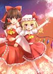  2girls :d :o arm_up bare_shoulders blonde_hair blush bow brown_hair cherry_blossoms clouds commentary_request cowboy_shot cravat detached_sleeves fangs flandre_scarlet flying frilled_skirt frills gohei gradient_sky hair_bow hair_tubes hakurei_reimu hat hat_ribbon highres holding locked_arms looking_at_viewer mary_janes midriff mob_cap multiple_girls navel ncatabc open_hand open_mouth orange_eyes outdoors outstretched_hand ponytail puffy_short_sleeves puffy_sleeves red_eyes ribbon shoes short_hair short_sleeves side_ponytail skirt skirt_set sky smile socks star_(sky) starry_sky touhou twilight white_legwear wings 