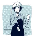  1boy apron blue_background calligraphy_brush closed_mouth idolmaster idolmaster_side-m kitamura_sora long_hair looking_up male_focus monochrome multicolored_hair paintbrush solo suzuki_yui thinking upper_body 