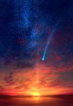  blue_sky clouds cloudy_sky commentary_request gradient_sky highres horizon lake mks night night_sky no_humans original outdoors red_sky reflection scenery shooting_star sky star_(sky) starry_sky sunset water_surface 