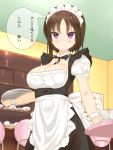  1girl apron bangs black_dress black_ribbon breasts cleavage cleavage_cutout closed_mouth cup dress hagino_chiaki highres hinako_note holding indoors kakari large_breasts looking_at_viewer maid maid_apron maid_headdress medium_dress neck_ribbon puffy_short_sleeves puffy_sleeves ribbon saucer short_hair short_sleeves smile solo standing teacup translated tray violet_eyes waitress wrist_cuffs 