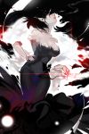  1girl absurdres animal_ears bangs black_dress breasts dress erect_nipples fantasy fog from_side hair_over_one_eye hand_on_hip highres large_breasts long_hair looking_at_viewer looking_to_the_side magic original parted_lips red_eyes red_lips smile solo standing wntame 